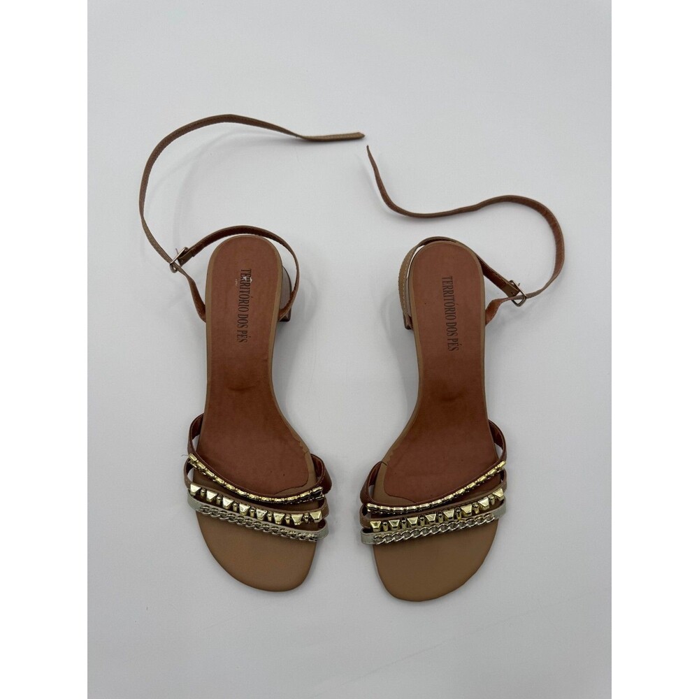 TEARITÓRIO DOS PES Ankle Strap Sandals Women's 9 B Brown Studded Open Toe Preppy